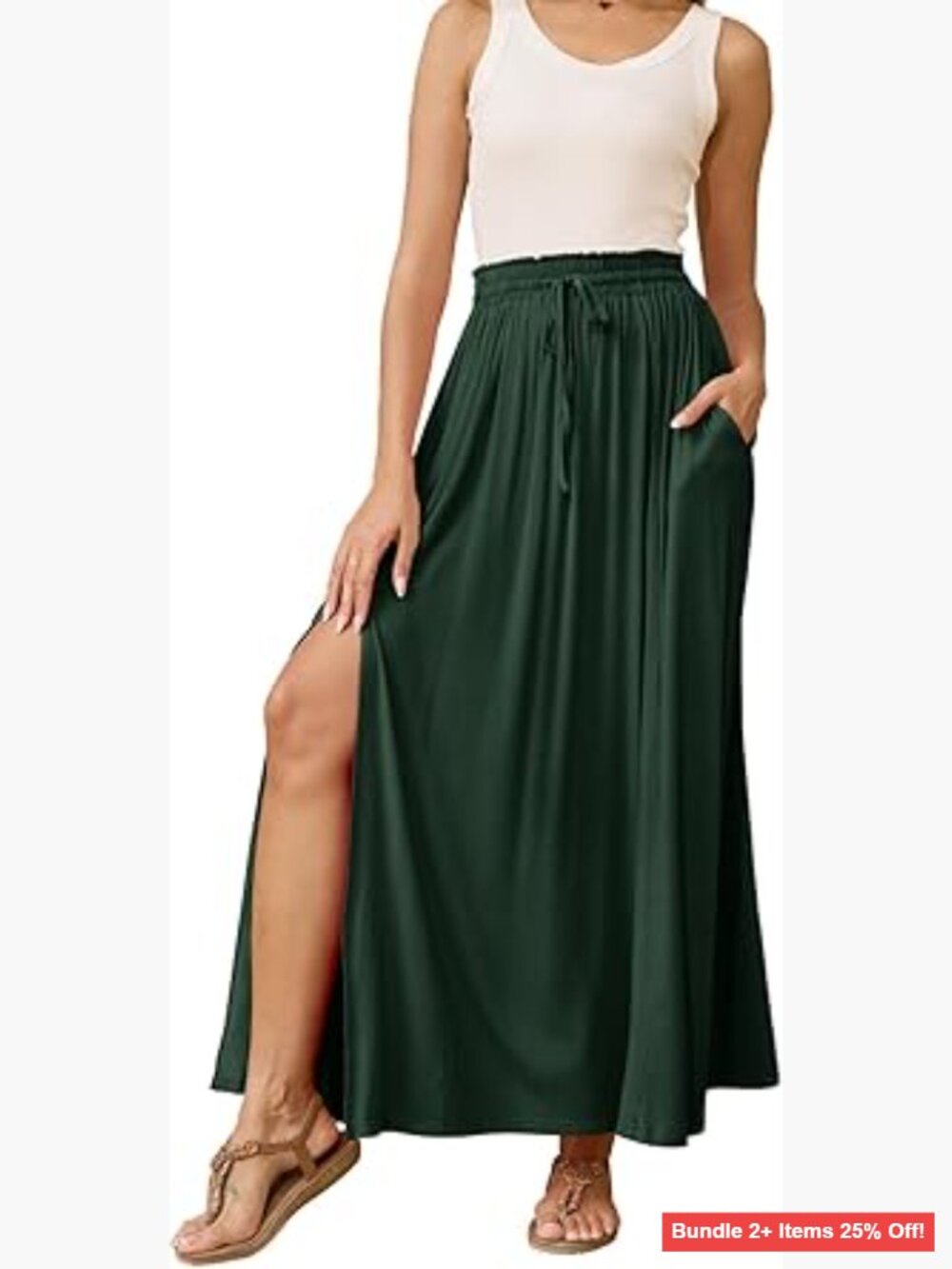 Maxi Skirt with Pockets, Elastic Waist, A-Line, High Slit, Rayon Blend